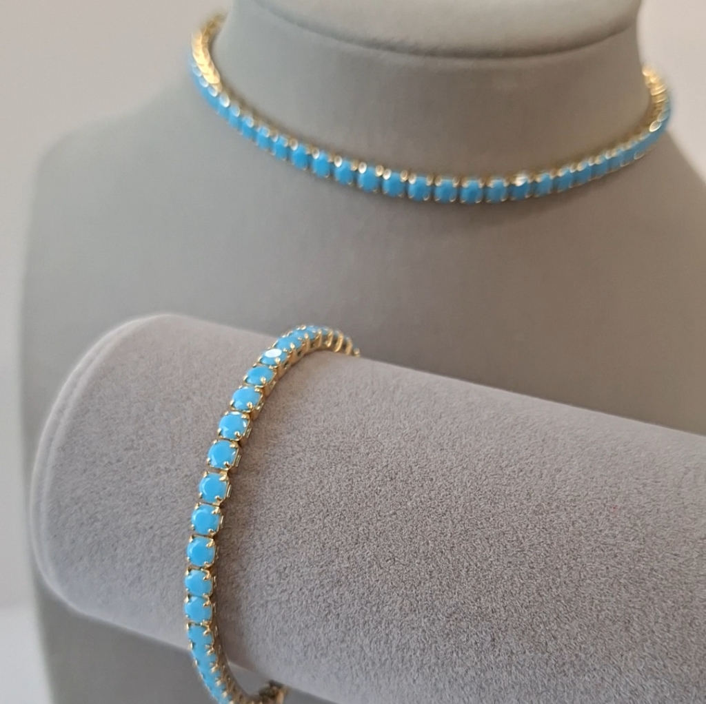 Turquoise Tennis Necklace And Bracelet Set